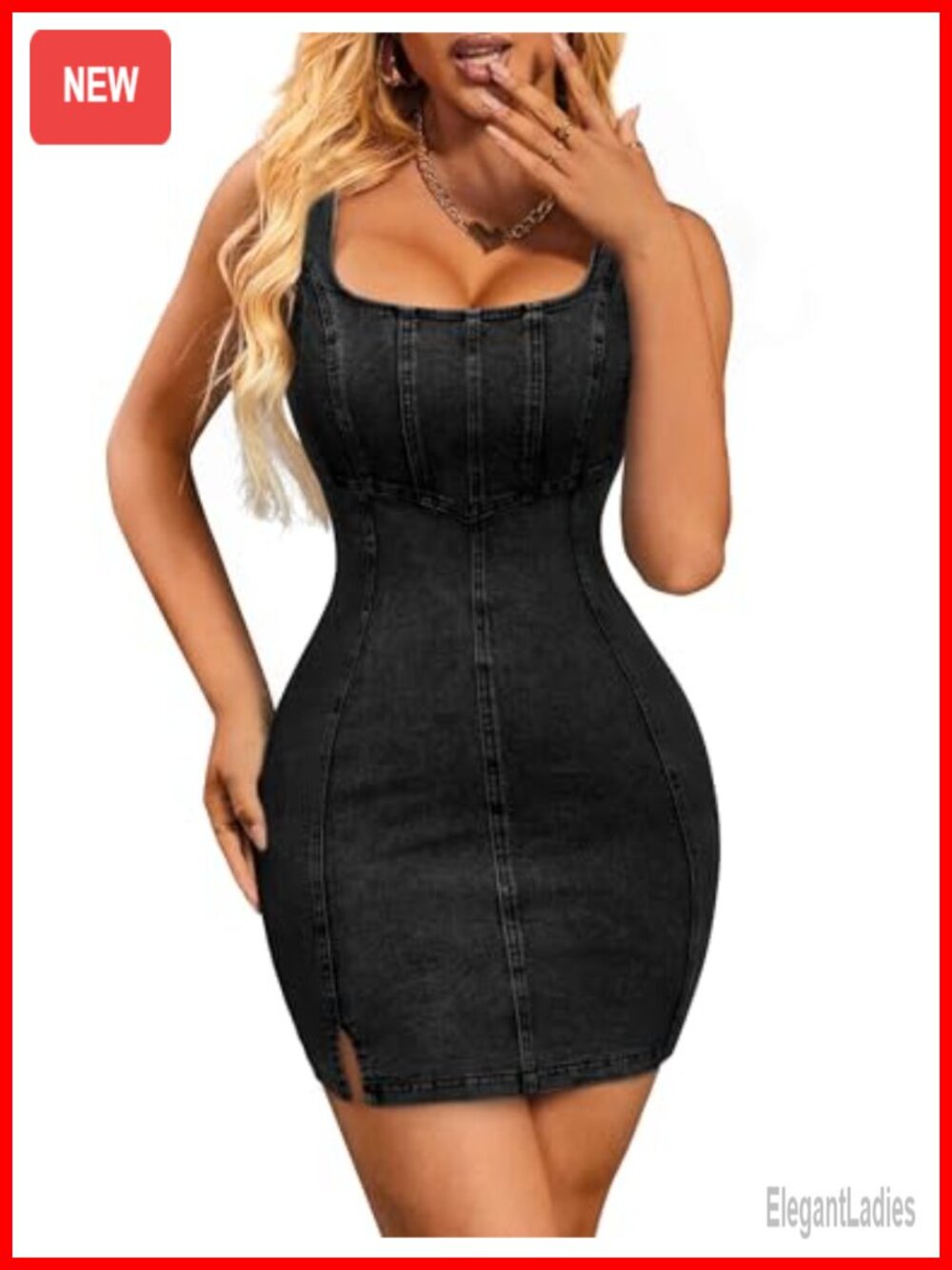Sexy Sleeveless Denim Dress Side Slit Slim Fit Bodycon Mini Jean Frock